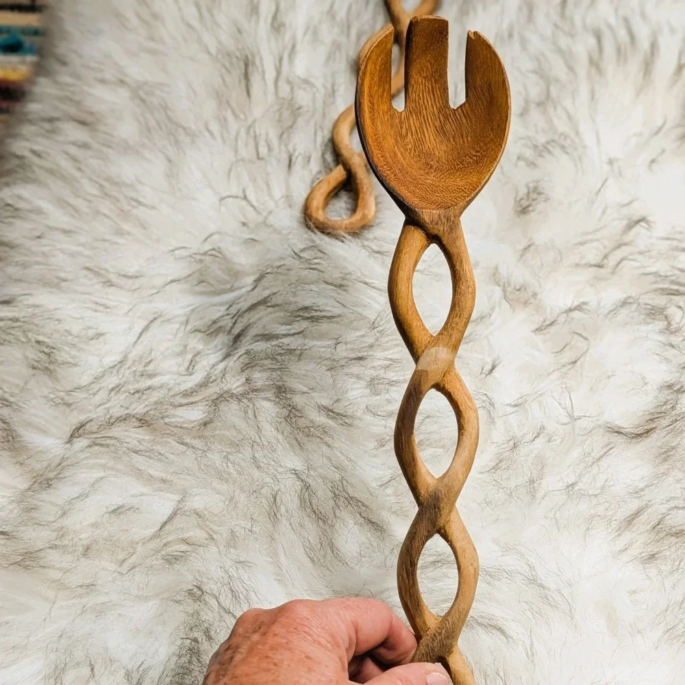 Unique Interconnected Handcrafted Wooden Salad Serving Set: Fork & Spoon
